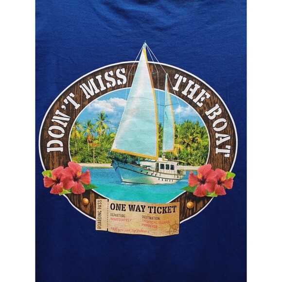 Vtg Blue T-Shirt Don't Miss the Boat Hibiscus Tropical Island Paradise Sz M - Picture 2 of 9
